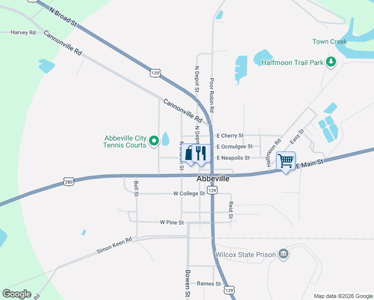 map of restaurants, bars, coffee shops, grocery stores, and more near 306 West Neapolis Street in Abbeville