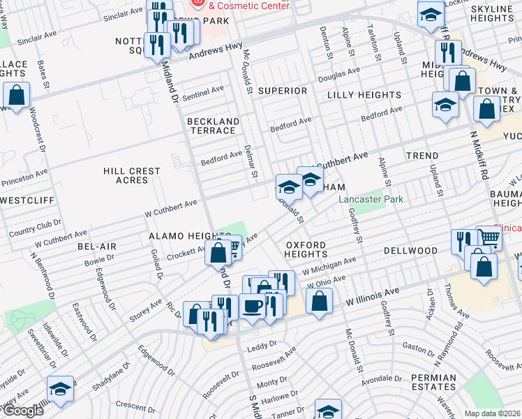 map of restaurants, bars, coffee shops, grocery stores, and more near 3800 Storey Avenue in Midland