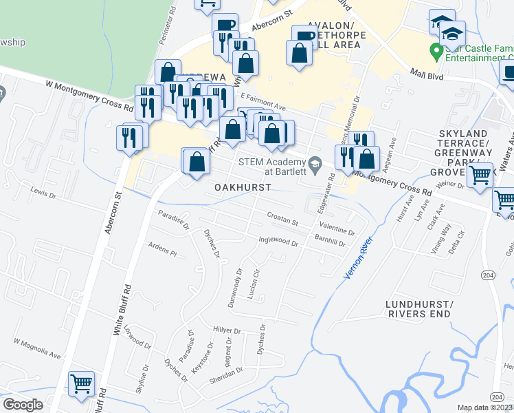 map of restaurants, bars, coffee shops, grocery stores, and more near 202 Croatan Street in Savannah