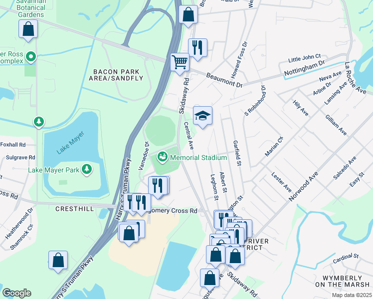 map of restaurants, bars, coffee shops, grocery stores, and more near 610 Central Avenue in Savannah