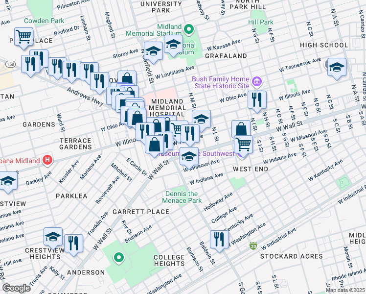 map of restaurants, bars, coffee shops, grocery stores, and more near 2100-2198 W Texas Ave in Midland