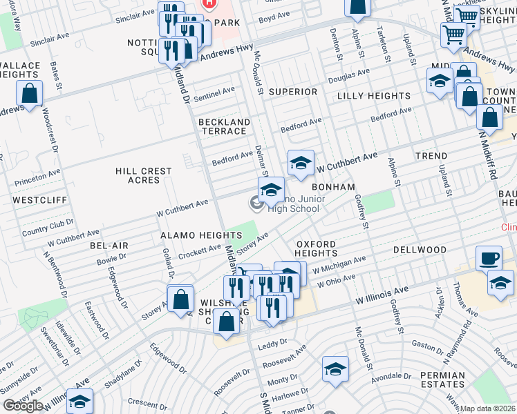 map of restaurants, bars, coffee shops, grocery stores, and more near 3800 Storey Avenue in Midland
