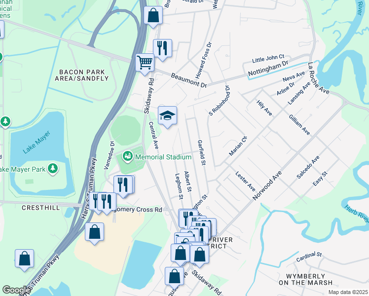 map of restaurants, bars, coffee shops, grocery stores, and more near 7222 Albert Street in Savannah