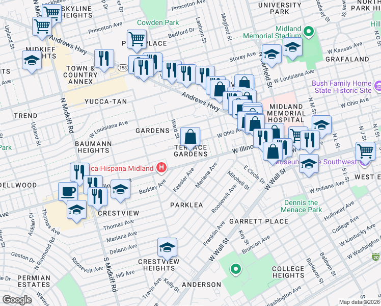 map of restaurants, bars, coffee shops, grocery stores, and more near 311 Kessler Avenue in Midland