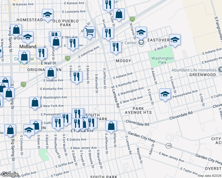map of restaurants, bars, coffee shops, grocery stores, and more near 309 South Lamesa Road in Midland