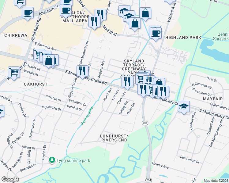 map of restaurants, bars, coffee shops, grocery stores, and more near 506 East Montgomery Cross Road in Savannah