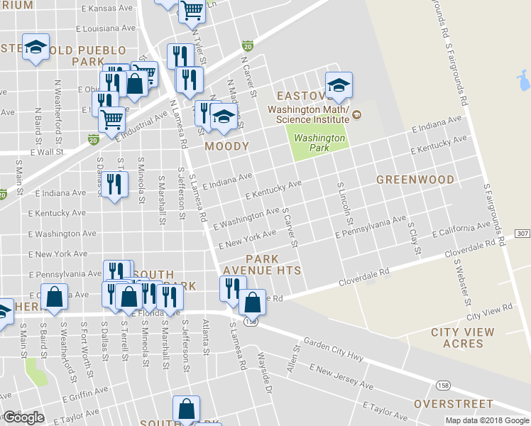 map of restaurants, bars, coffee shops, grocery stores, and more near South Madison Street in Midland