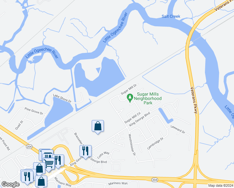 map of restaurants, bars, coffee shops, grocery stores, and more near 233 Sugar Mill Drive in Savannah