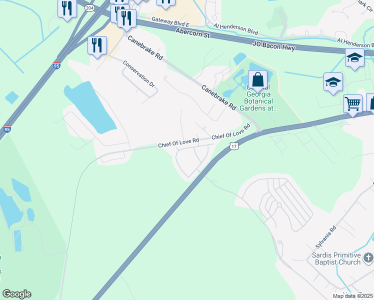 map of restaurants, bars, coffee shops, grocery stores, and more near 1151 Chief Of Love Road in Savannah