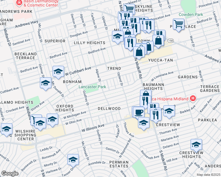 map of restaurants, bars, coffee shops, grocery stores, and more near 702 Harmony Dr in Midland