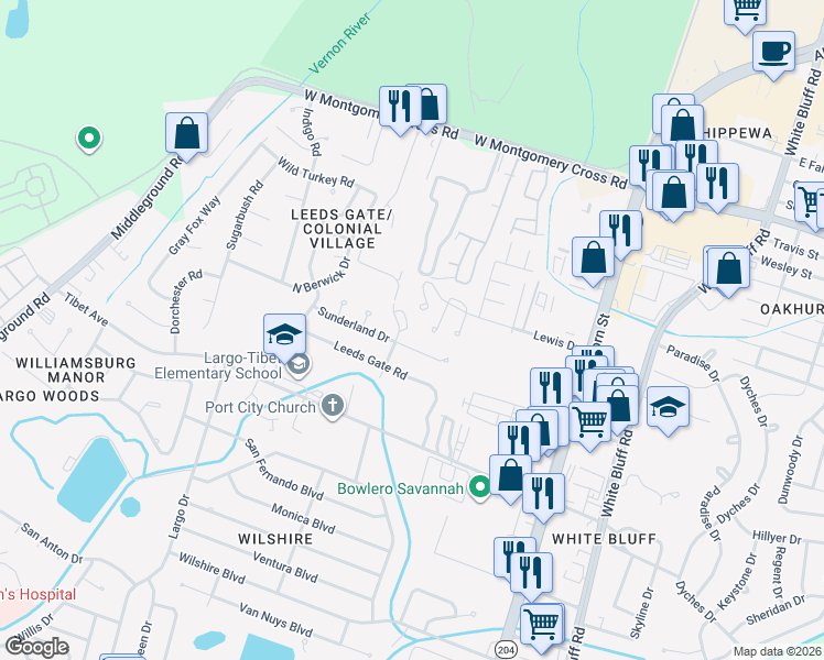 map of restaurants, bars, coffee shops, grocery stores, and more near 10710 Egmont Road in Savannah