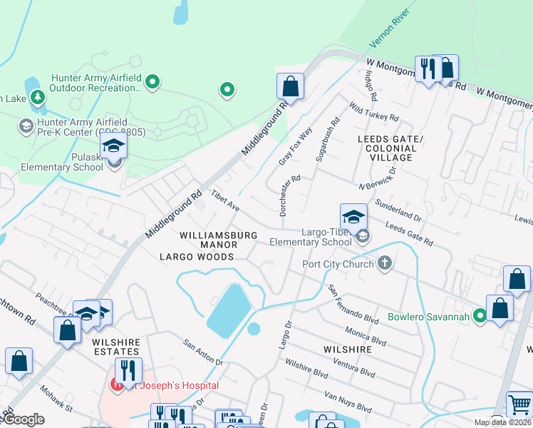 map of restaurants, bars, coffee shops, grocery stores, and more near 11 Dorchester Court in Savannah