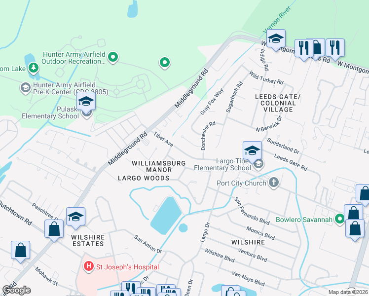 map of restaurants, bars, coffee shops, grocery stores, and more near 11 Dorchester Court in Savannah