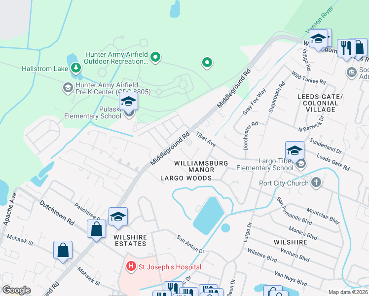 map of restaurants, bars, coffee shops, grocery stores, and more near 10200 Middleground Road in Savannah