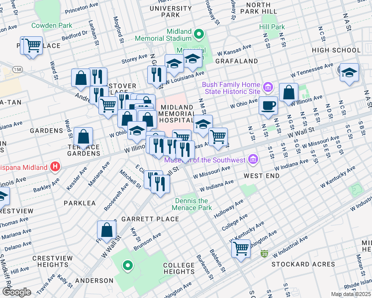 map of restaurants, bars, coffee shops, grocery stores, and more near 2198 West Texas Avenue in Midland