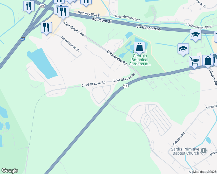 map of restaurants, bars, coffee shops, grocery stores, and more near 1099 Fords Pointe Circle in Savannah