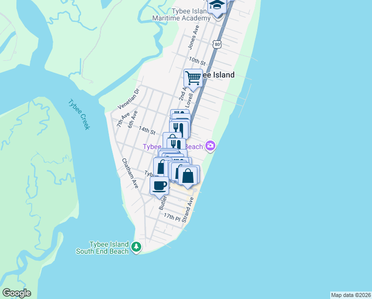 map of restaurants, bars, coffee shops, grocery stores, and more near 1405 Butler Avenue in Tybee Island