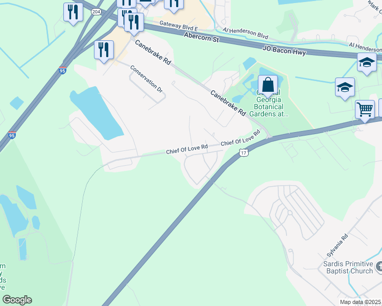 map of restaurants, bars, coffee shops, grocery stores, and more near 1151 Chief Of Love Road in Savannah