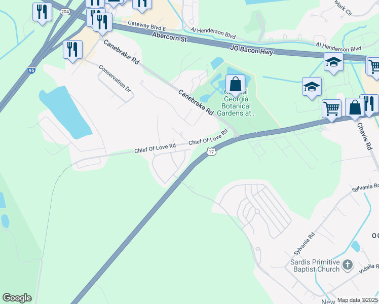 map of restaurants, bars, coffee shops, grocery stores, and more near 1099 Fords Pointe Circle in Savannah