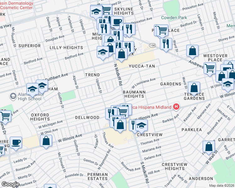 map of restaurants, bars, coffee shops, grocery stores, and more near 601-699 North Midkiff Road in Midland