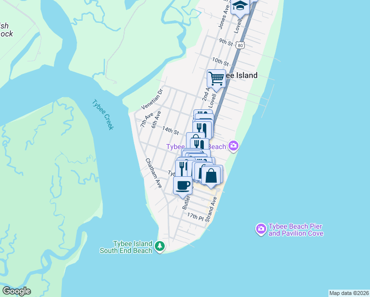 map of restaurants, bars, coffee shops, grocery stores, and more near in Tybee Island