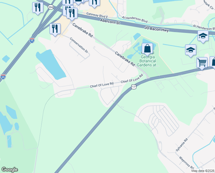 map of restaurants, bars, coffee shops, grocery stores, and more near 1151 Chief Of Love Road in Savannah