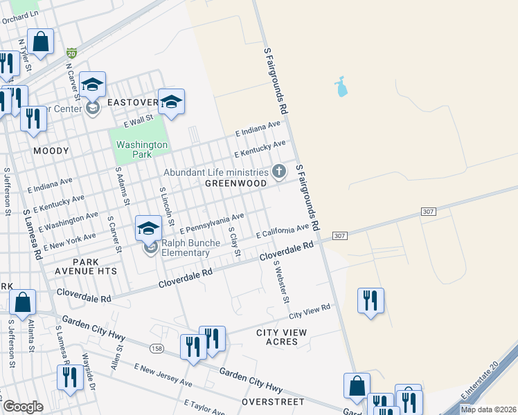 map of restaurants, bars, coffee shops, grocery stores, and more near 607 South Benton Street in Midland