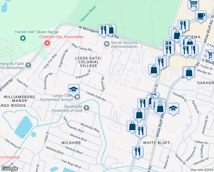 map of restaurants, bars, coffee shops, grocery stores, and more near 10710 Egmont Road in Savannah