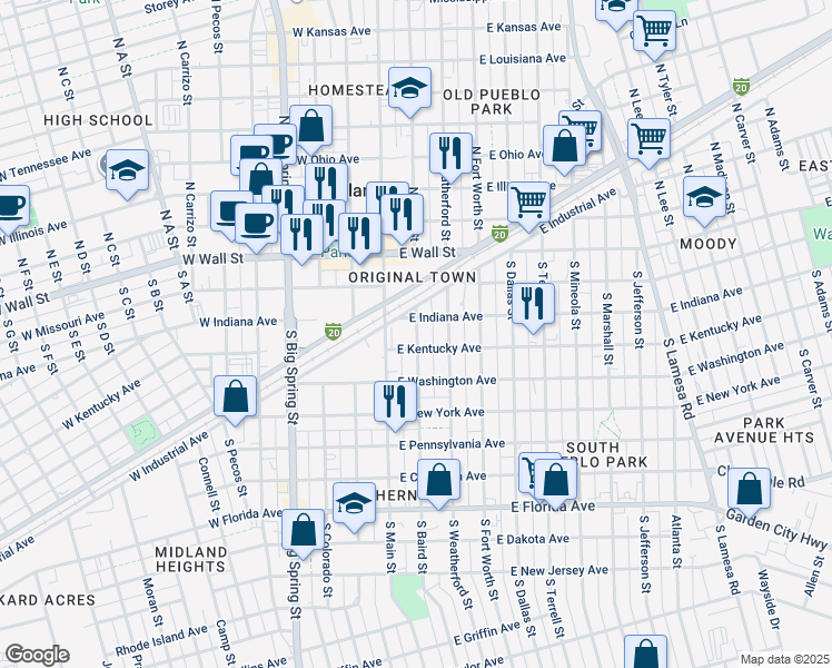 map of restaurants, bars, coffee shops, grocery stores, and more near 300 S Baird St in Midland