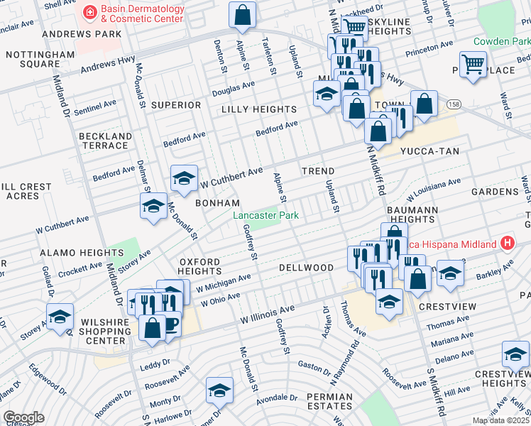 map of restaurants, bars, coffee shops, grocery stores, and more near in Midland