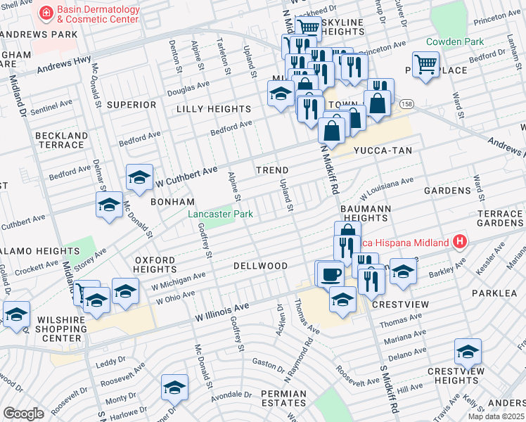 map of restaurants, bars, coffee shops, grocery stores, and more near 702 Harmony Drive in Midland