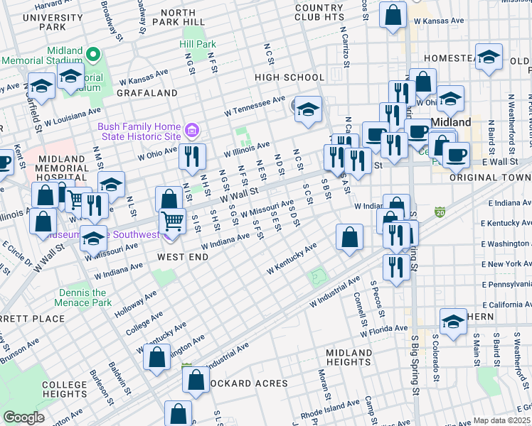 map of restaurants, bars, coffee shops, grocery stores, and more near 1205 West Missouri Avenue in Midland