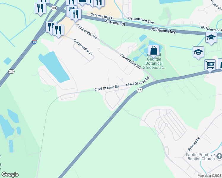 map of restaurants, bars, coffee shops, grocery stores, and more near 1151 Chief Of Love Road in Savannah