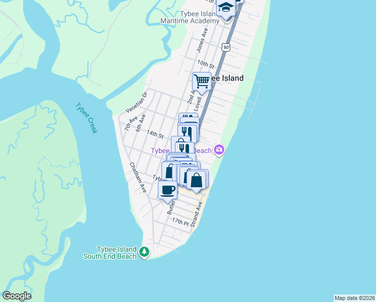 map of restaurants, bars, coffee shops, grocery stores, and more near 1405 Butler Avenue in Tybee Island