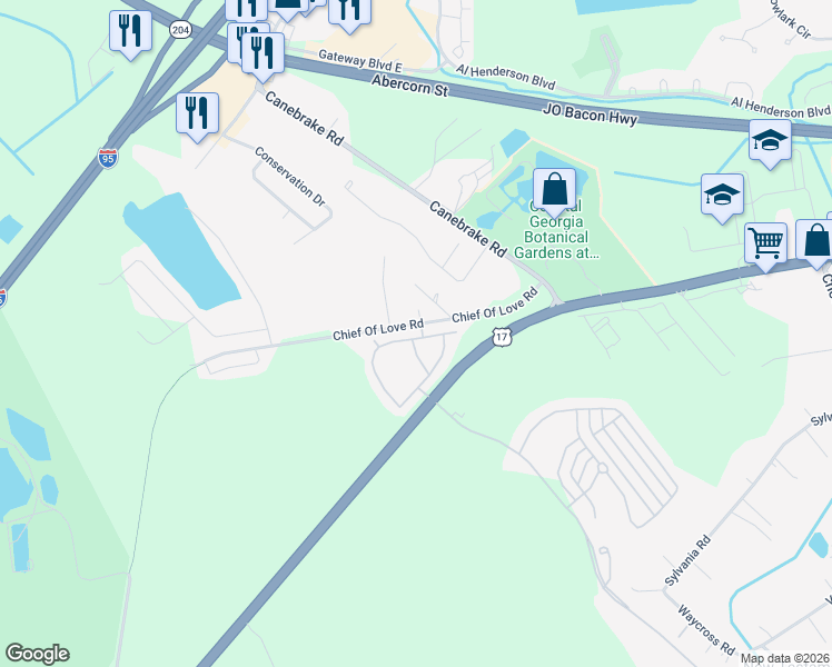 map of restaurants, bars, coffee shops, grocery stores, and more near 1151 Chief Of Love Road in Savannah