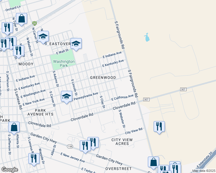 map of restaurants, bars, coffee shops, grocery stores, and more near 607 South Benton Street in Midland