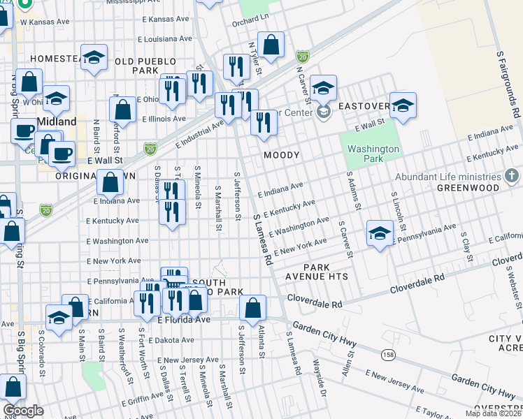 map of restaurants, bars, coffee shops, grocery stores, and more near 309 South Lamesa Road in Midland