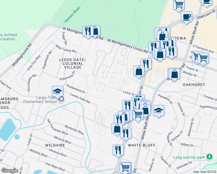 map of restaurants, bars, coffee shops, grocery stores, and more near 210 Lewis Drive in Savannah