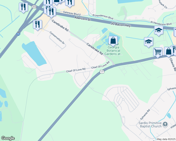 map of restaurants, bars, coffee shops, grocery stores, and more near 1099 Fords Pointe Circle in Savannah