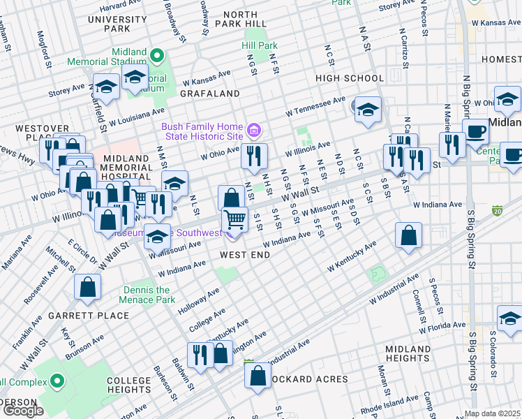 map of restaurants, bars, coffee shops, grocery stores, and more near 1601 West Wall Street in Midland