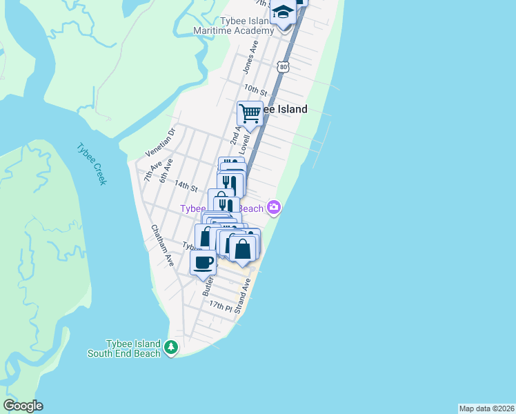map of restaurants, bars, coffee shops, grocery stores, and more near 8 14th Street in Tybee Island