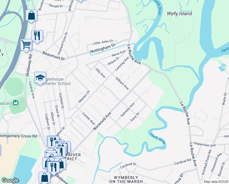 map of restaurants, bars, coffee shops, grocery stores, and more near 10 Breezy Palm Way in Savannah