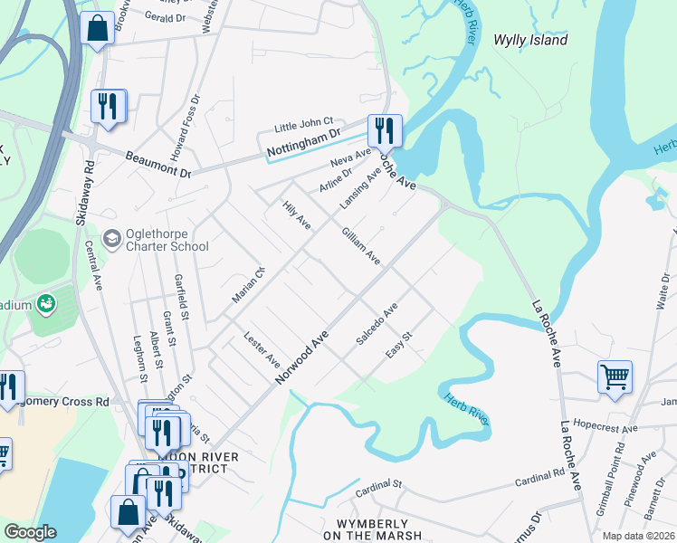 map of restaurants, bars, coffee shops, grocery stores, and more near 10 Breezy Palm Way in Savannah