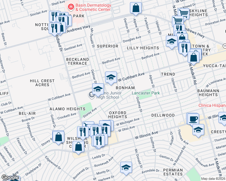 map of restaurants, bars, coffee shops, grocery stores, and more near 909 Bonham Street in Midland