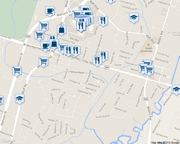 map of restaurants, bars, coffee shops, grocery stores, and more near 112 Edgewater Road in Savannah