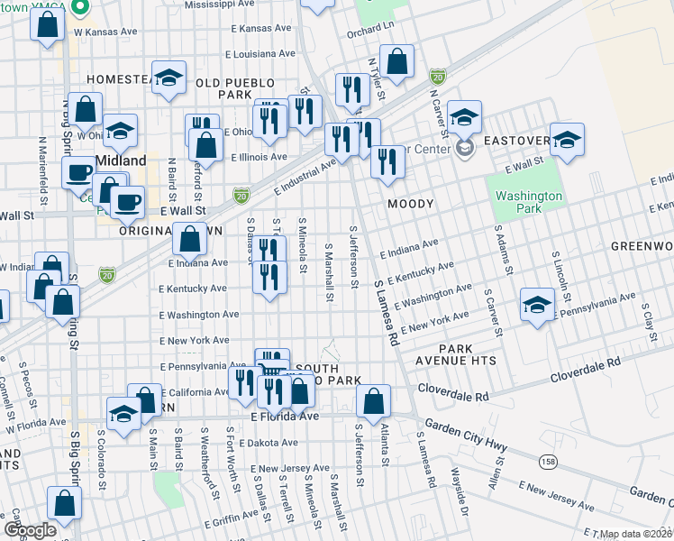 map of restaurants, bars, coffee shops, grocery stores, and more near 306 South Marshall Street in Midland