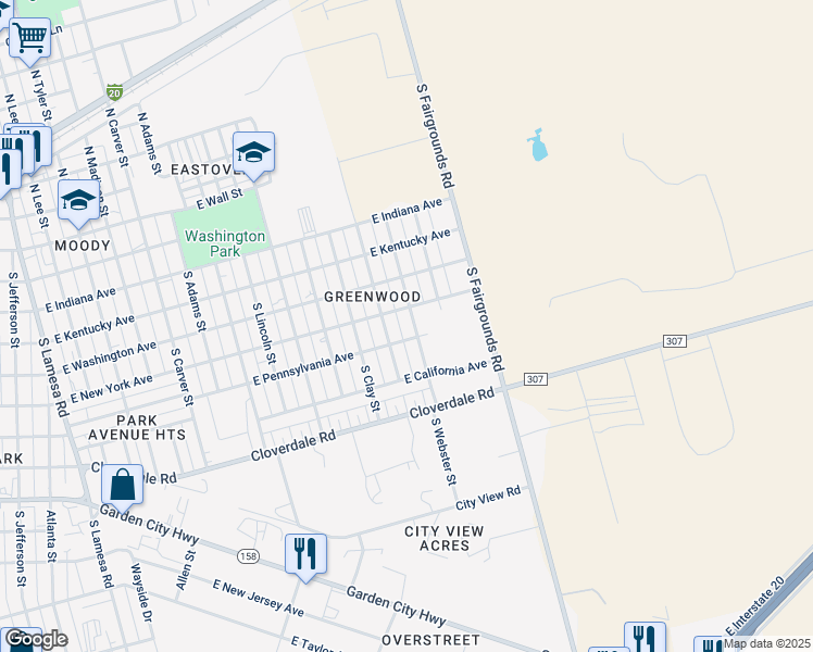 map of restaurants, bars, coffee shops, grocery stores, and more near 607 South Benton Street in Midland