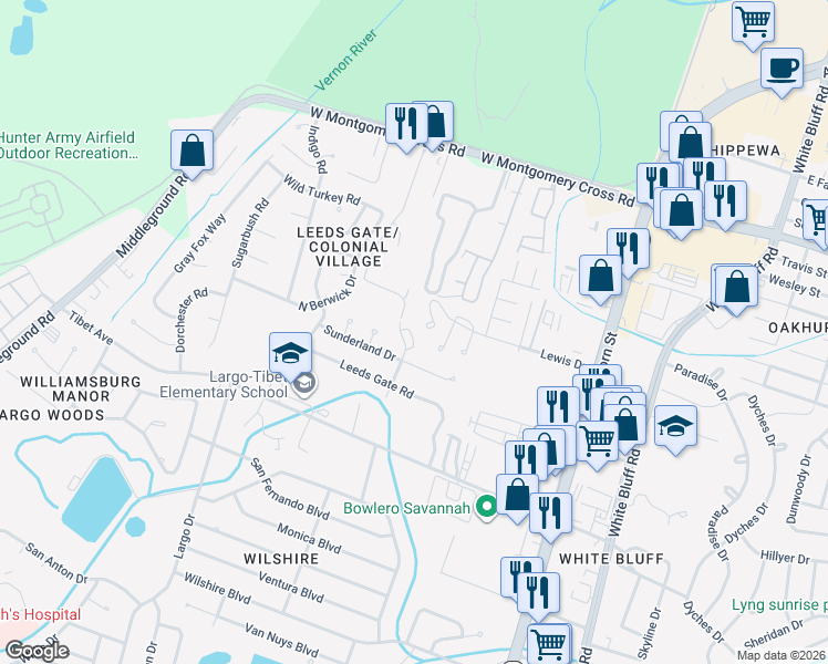 map of restaurants, bars, coffee shops, grocery stores, and more near 10710 Egmont Road in Savannah