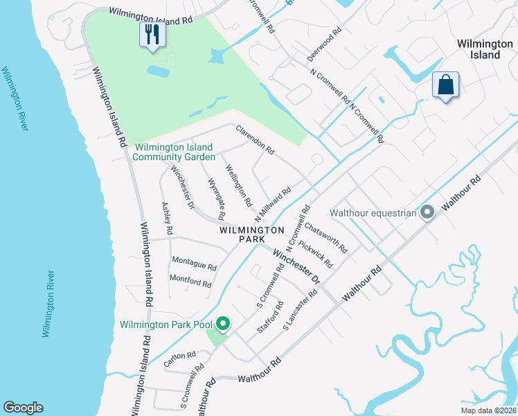 map of restaurants, bars, coffee shops, grocery stores, and more near 302 Wellington Road in Savannah