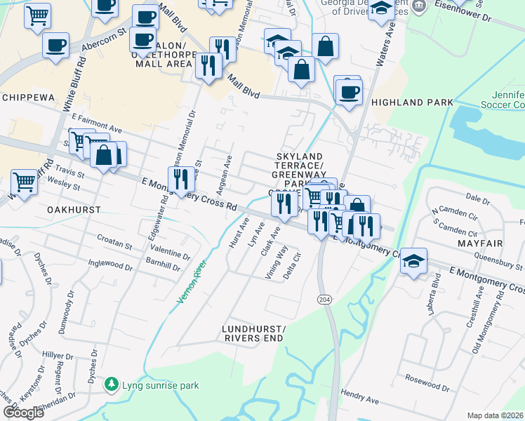 map of restaurants, bars, coffee shops, grocery stores, and more near 506 East Montgomery Cross Road in Savannah